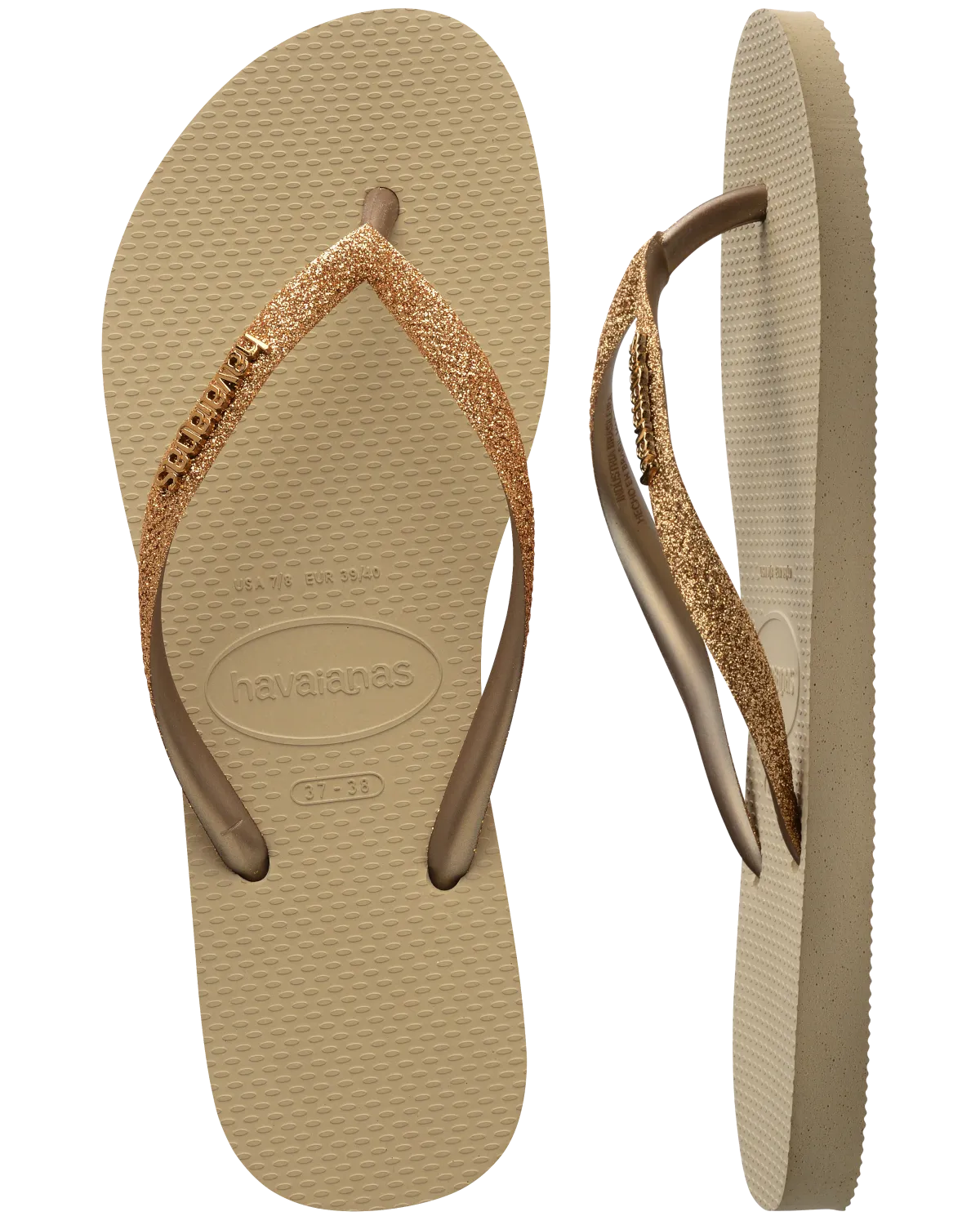 Havaianas Shoes Slim Glitter II Flip Flops in Sand & Golden
