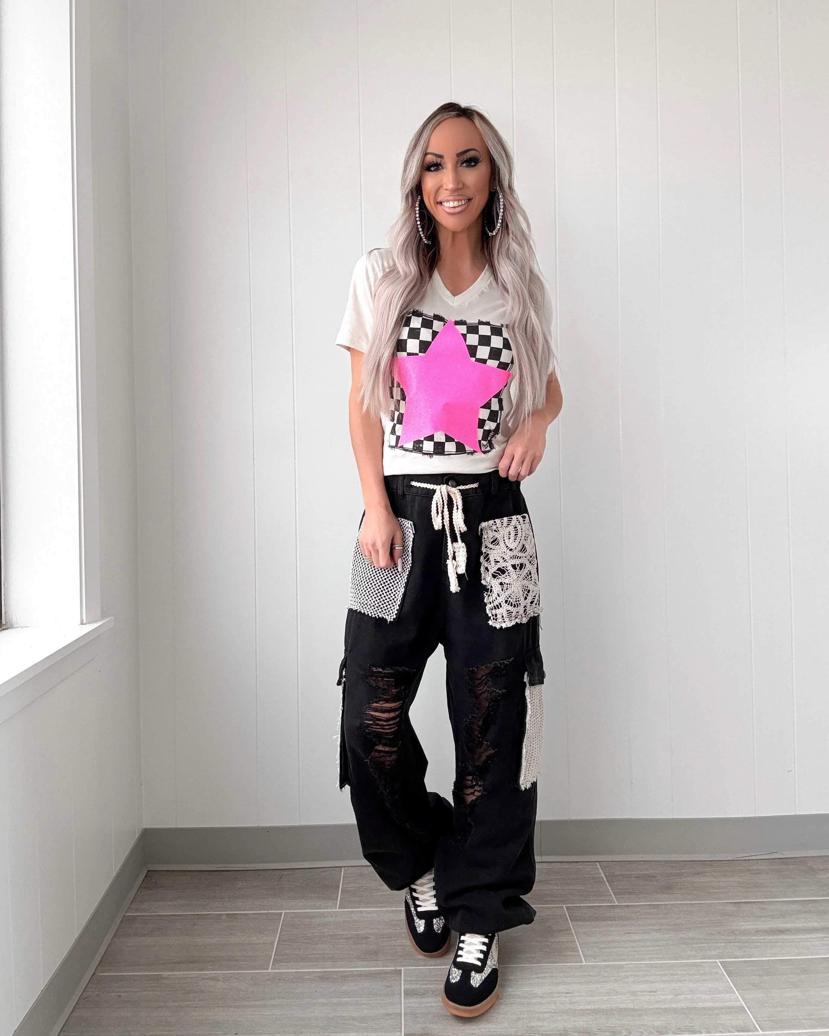 It's A Crush Crochet Patch Denim Joggers - Black