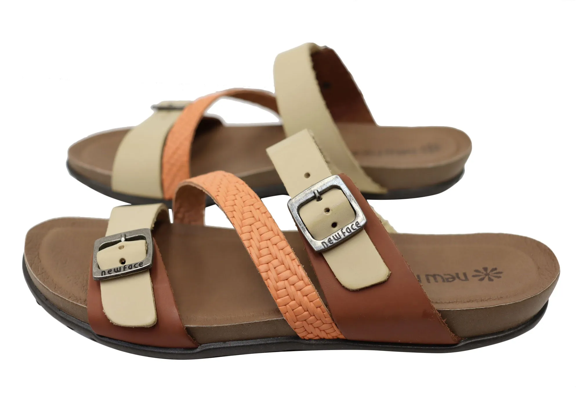 New Face Maxime Womens Comfort Leather Slides Sandals Made In Brazil New Face Shoes