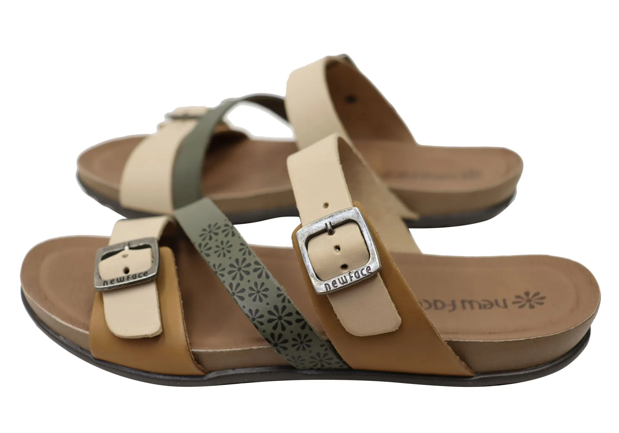 New Face Maxime Womens Comfort Leather Slides Sandals Made In Brazil New Face Shoes